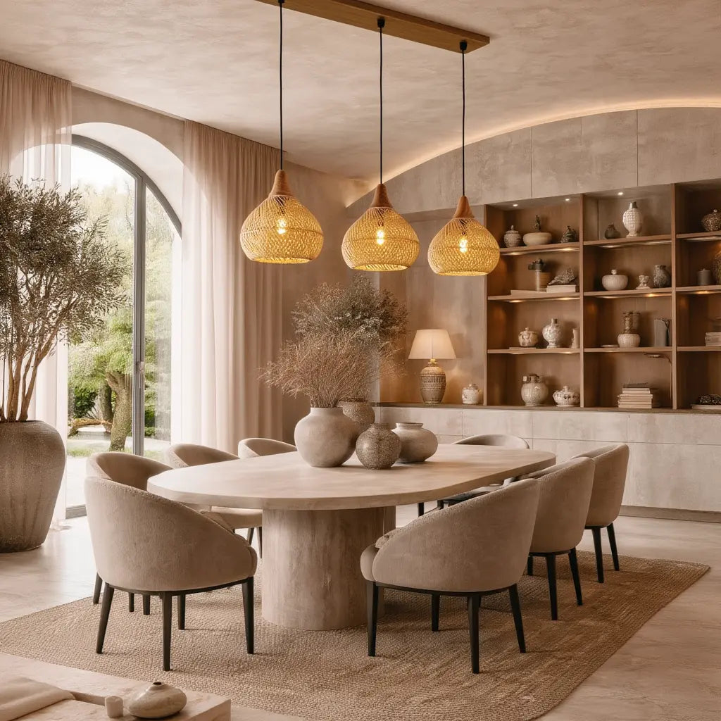Mistral rattan teardrop pendant light – shown in a dining room