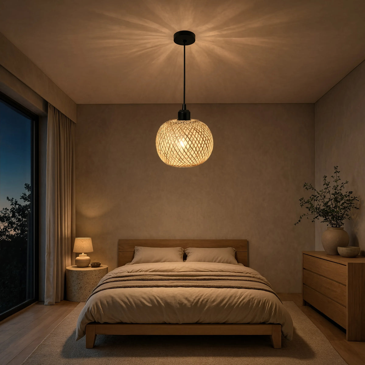 Andros handwoven rattan ball pendant light – shown in a bedroom (2)