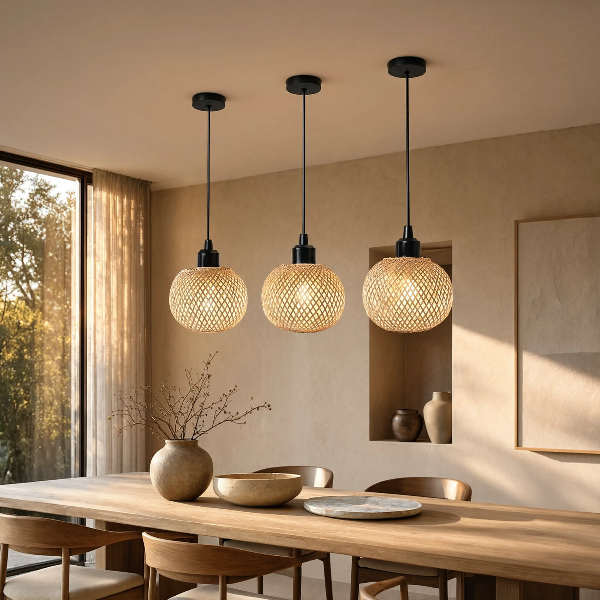 Andros handwoven rattan ball pendant light – shown in a dining room