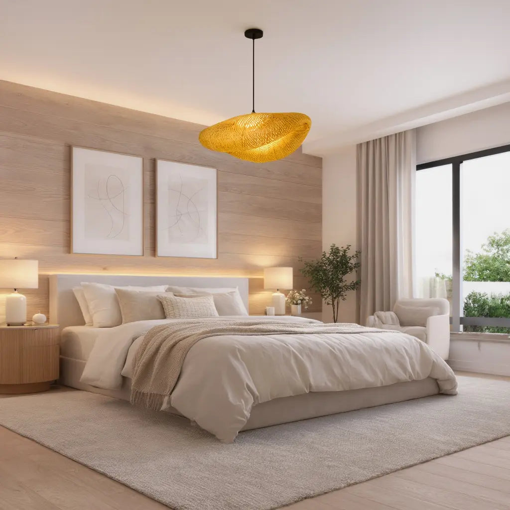 Calypso wavy woven rattan pendant light – shown in a bedroom