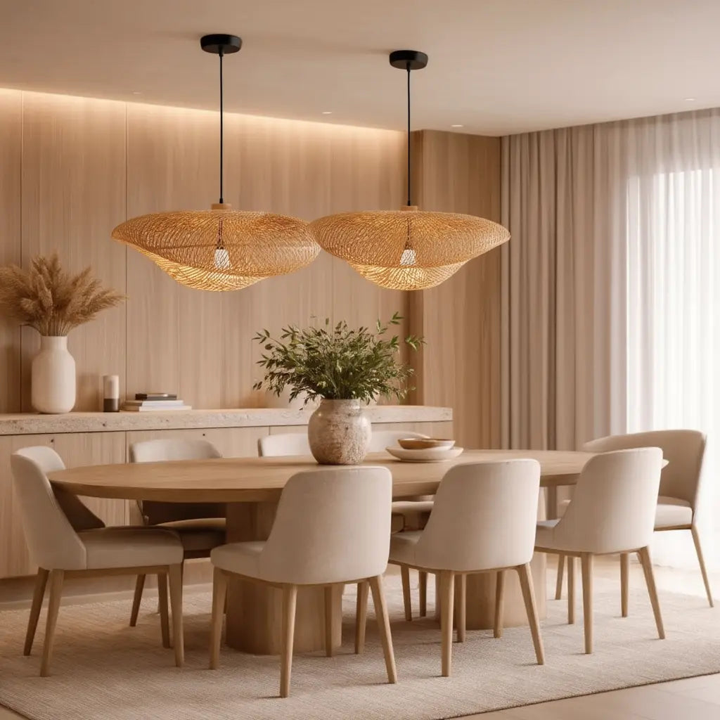 Calypso wavy woven rattan pendant light – shown in a dining room