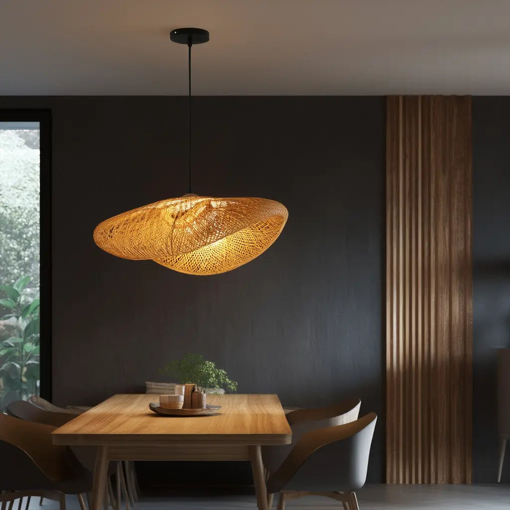 Calypso wavy woven rattan pendant light – shown in a room setting