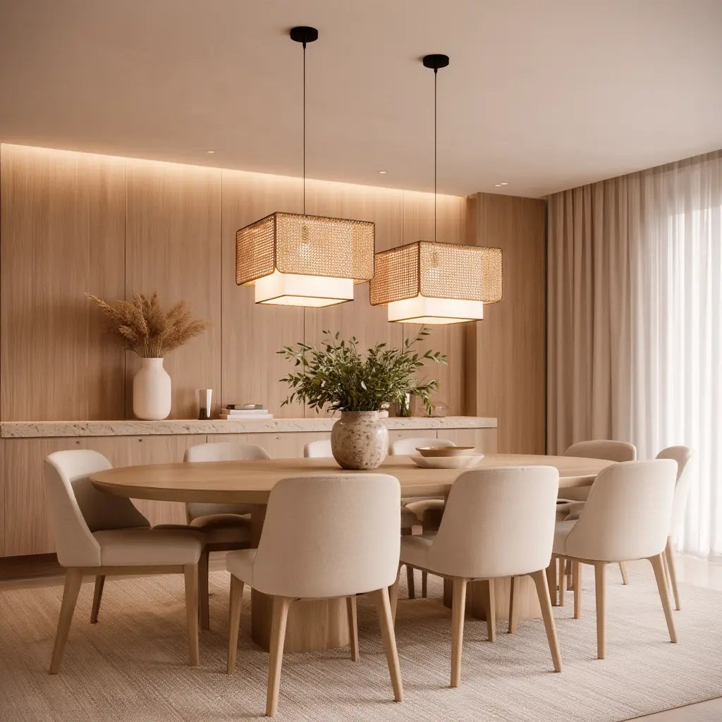 Patmos cane and white fabric cube pendant light – shown in a dining room