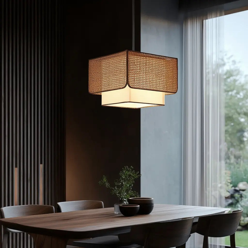 Patmos cane and white fabric cube pendant light – shown in a room setting