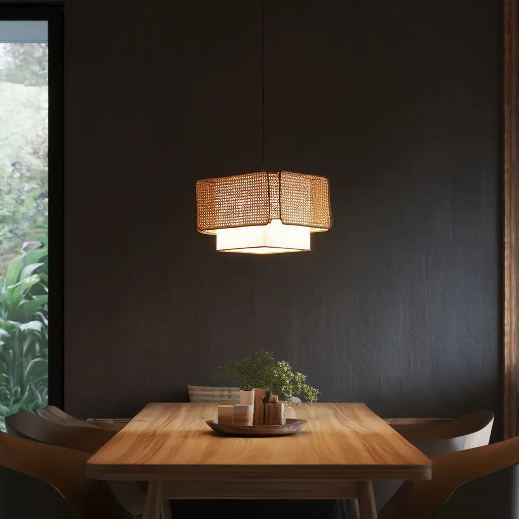 Patmos cane and white fabric cube pendant light – shown in a room setting (2)