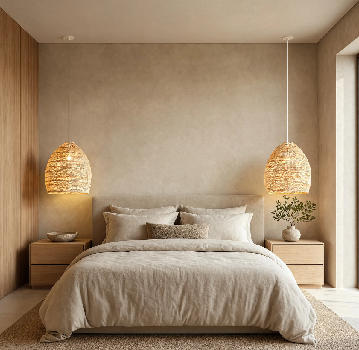 Skopelos open-weave rattan bell pendant light – shown in a bedroom