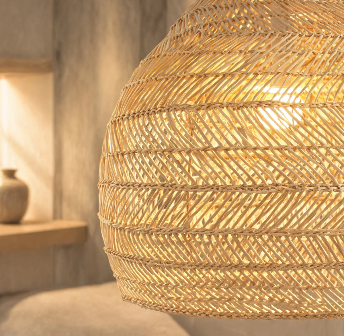 Skopelos open-weave rattan bell pendant light – close-up detail
