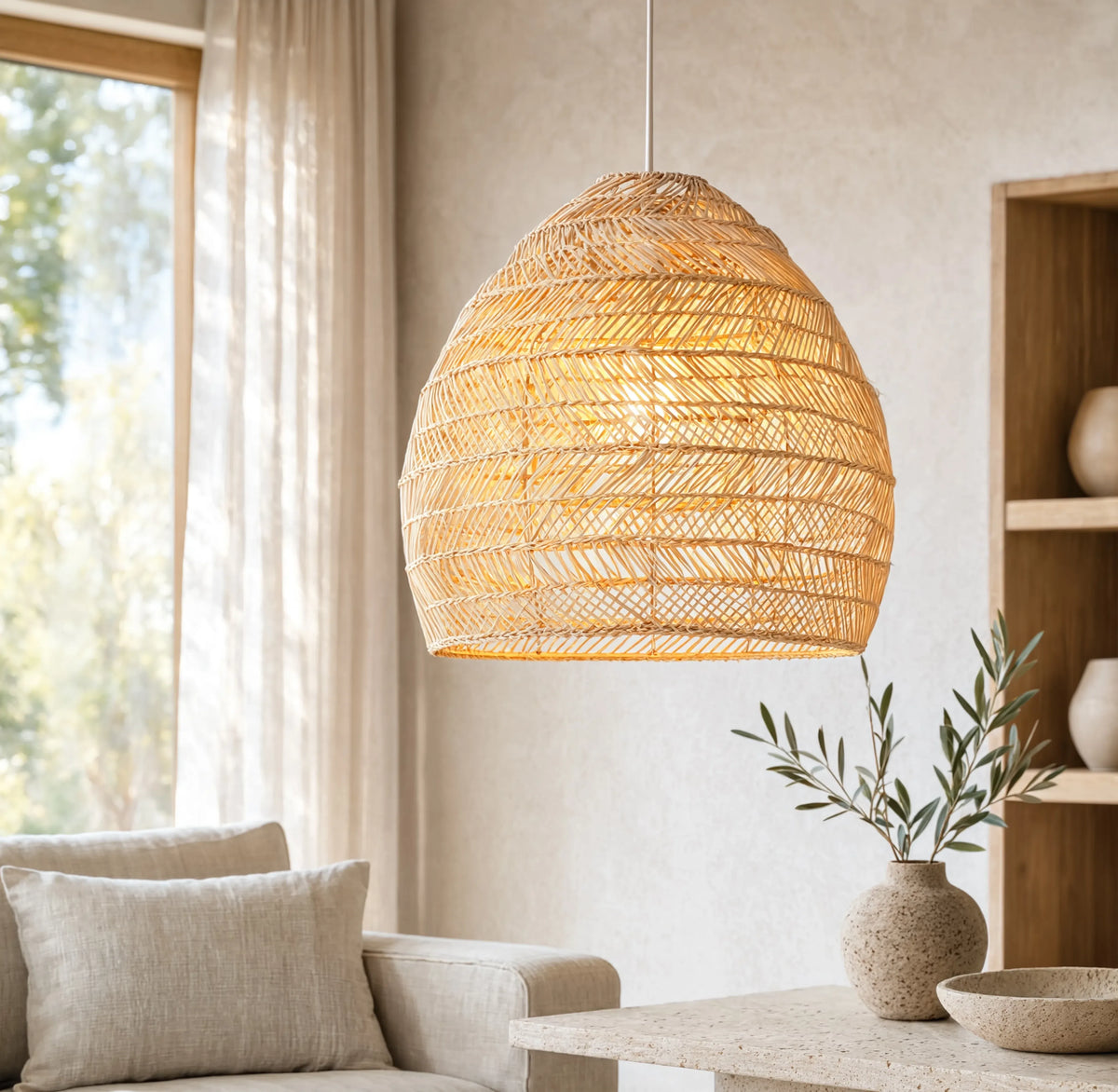 Skopelos open-weave rattan bell pendant light – shown in a living room