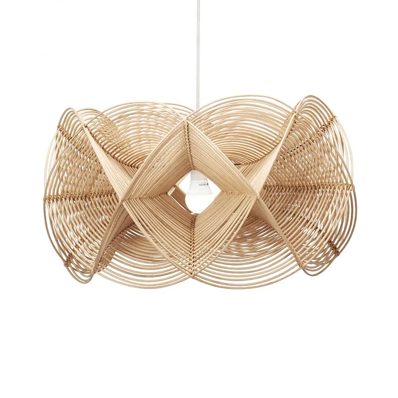 Sculptural handwoven openwork rattan pendant light – another view