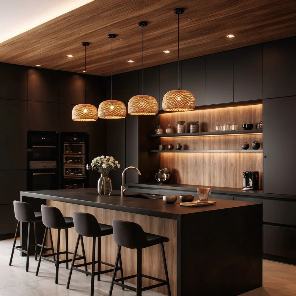 Délos woven rattan dome pendant light – shown in a kitchen