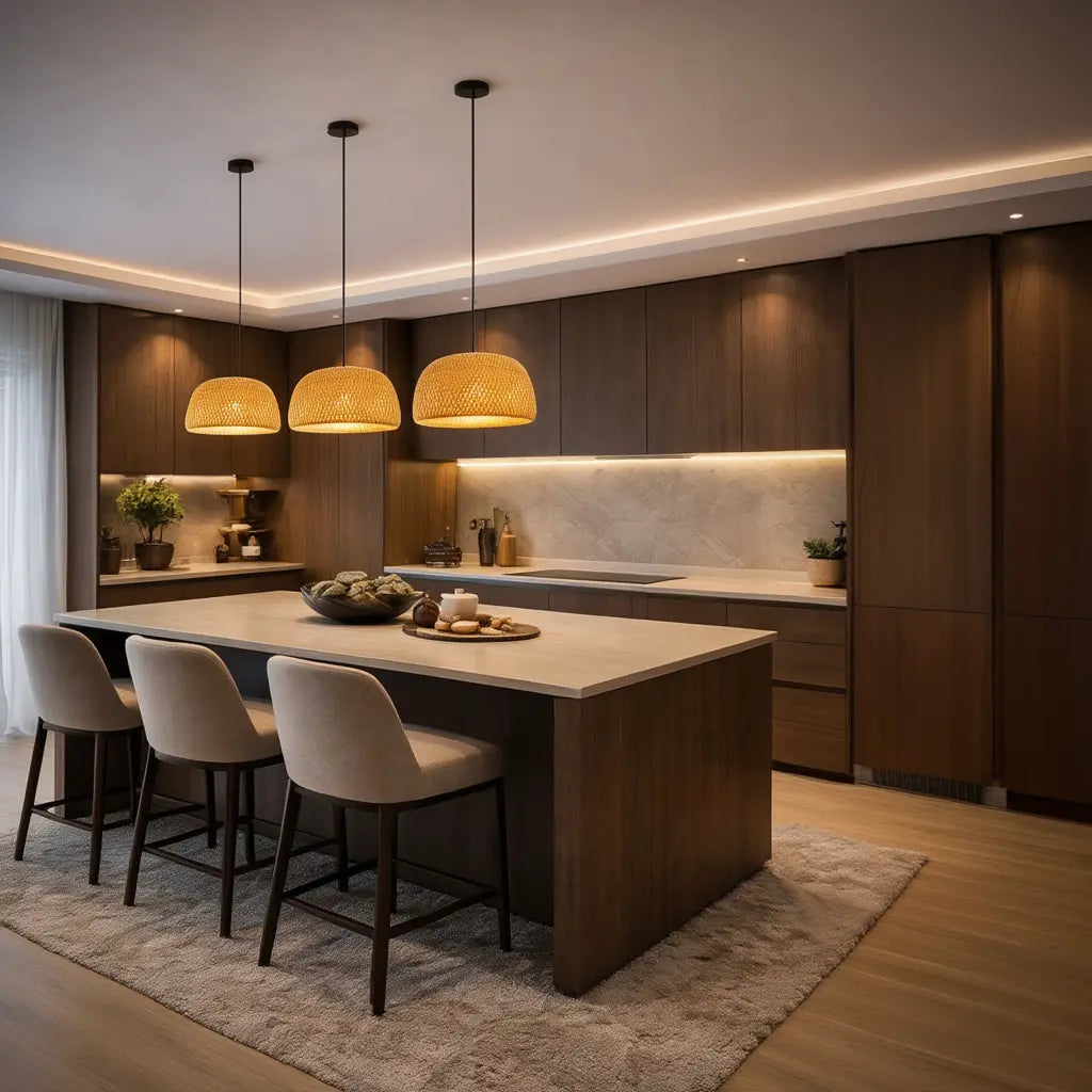 Délos woven rattan dome pendant light – shown in a kitchen (2)