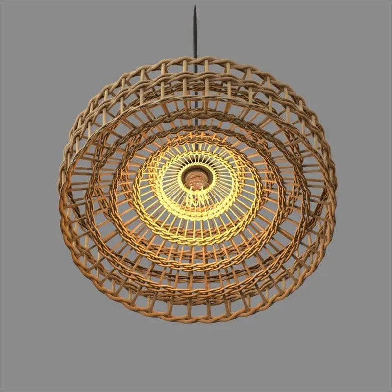 Modern egg-shaped handwoven rattan pendant light – close-up detail, lit (2)