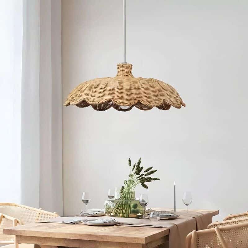 Structured handwoven rattan pendant light – shown in a room setting
