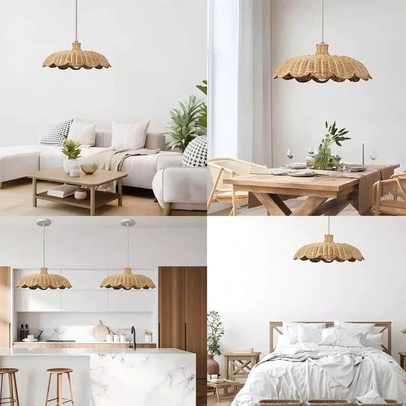 Structured handwoven rattan pendant light – multiple views