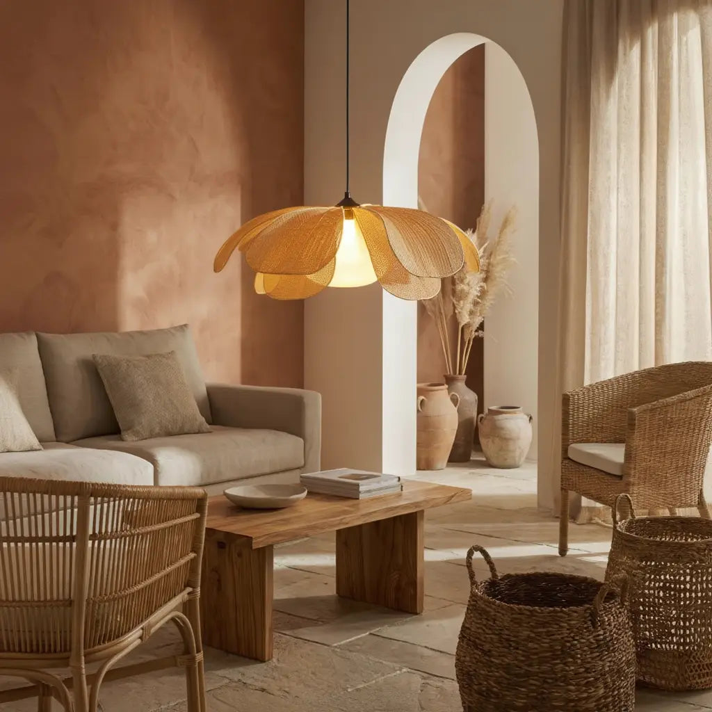 Iris woven rattan petal pendant light – shown in a living room