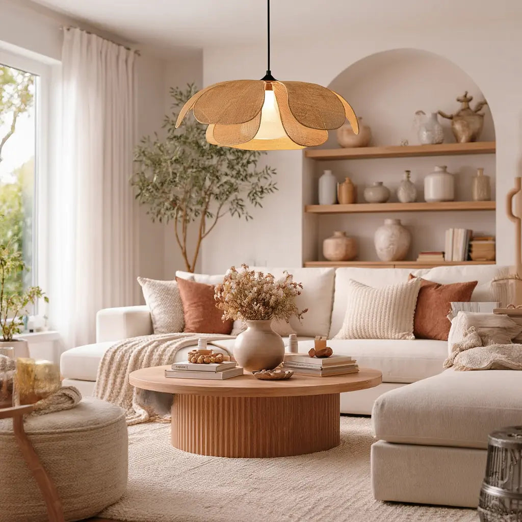 Iris woven rattan petal pendant light – shown in a living room (2)