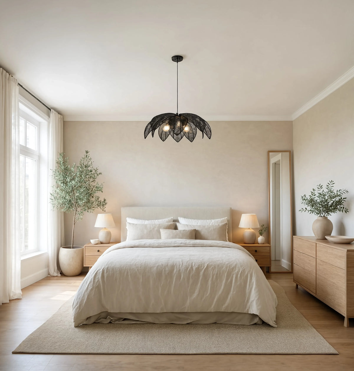 Céfalu rattan palm leaf flower pendant light – shown in a bedroom