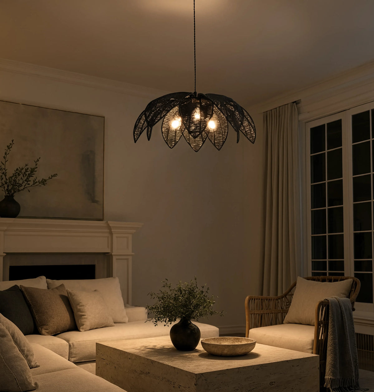 Céfalu rattan palm leaf flower pendant light – shown in a living room