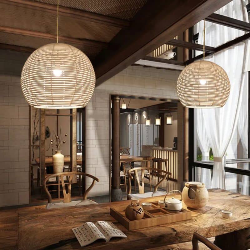 Chinese-style round ribbed rattan LED pendant light – shown in a room setting (2)