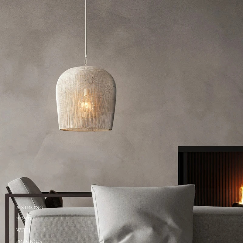 Japanese-style rattan LED pendant light – shown in a room setting