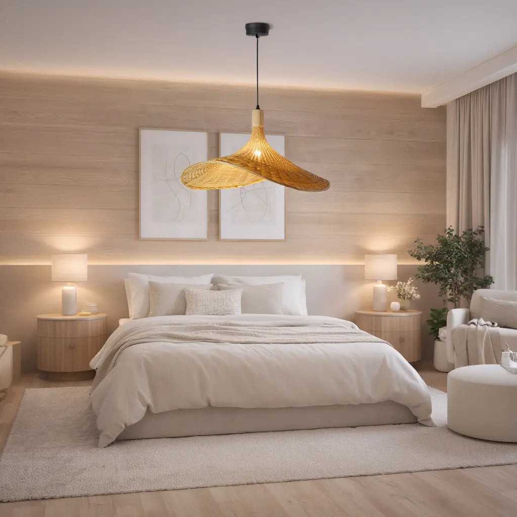 Méltémi rattan straw hat pendant light – shown in a bedroom