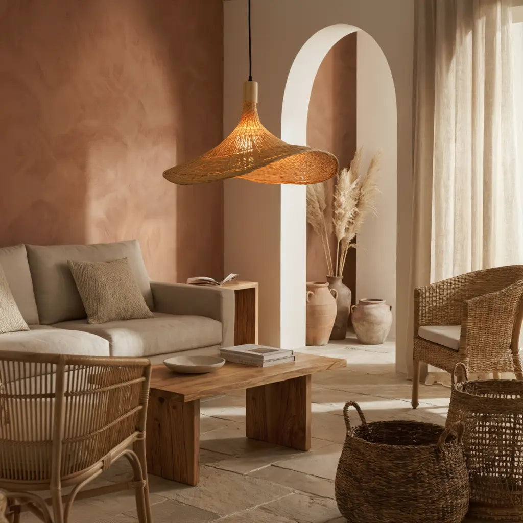 Méltémi rattan straw hat pendant light – shown in a living room (2)