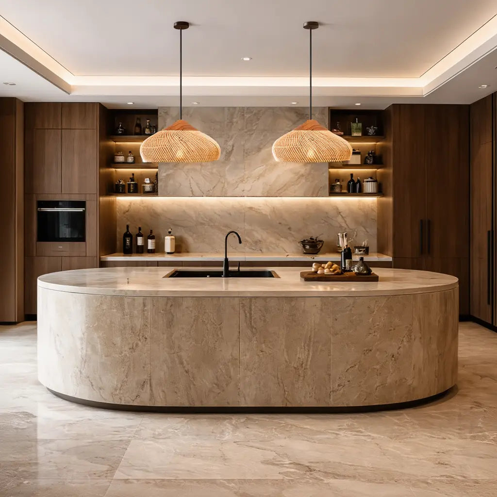 Milos rattan and wood dome pendant light – shown in a kitchen