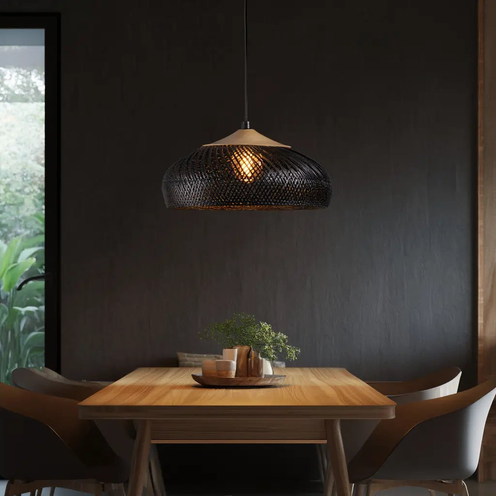 Milos rattan and wood dome pendant light – shown in a dining room