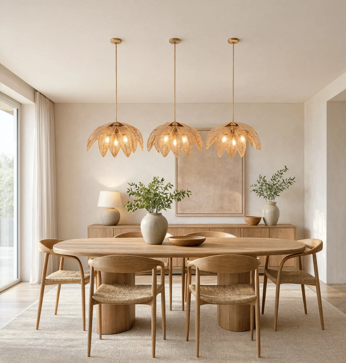 Céfalu rattan palm leaf flower pendant light – shown in a dining room