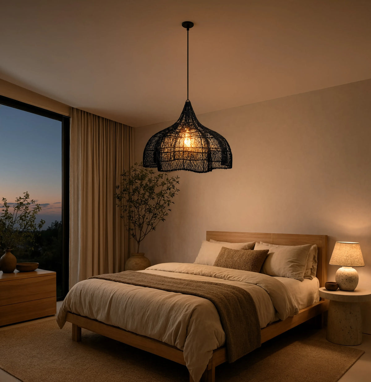 Taormine handwoven scalloped rattan pendant light – shown in a bedroom (3)