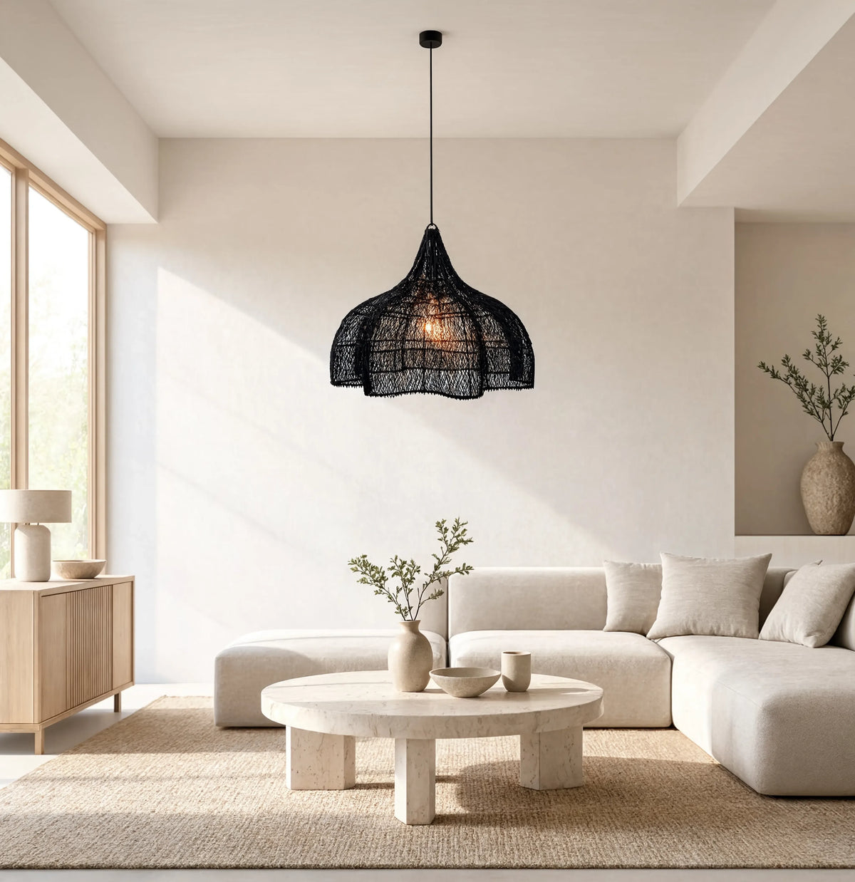 Taormine handwoven scalloped rattan pendant light – shown in a living room (2)
