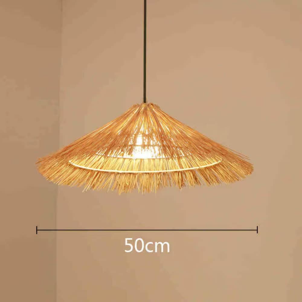 Rustic farmhouse rattan hat pendant light in natural beige – dimensions diagram