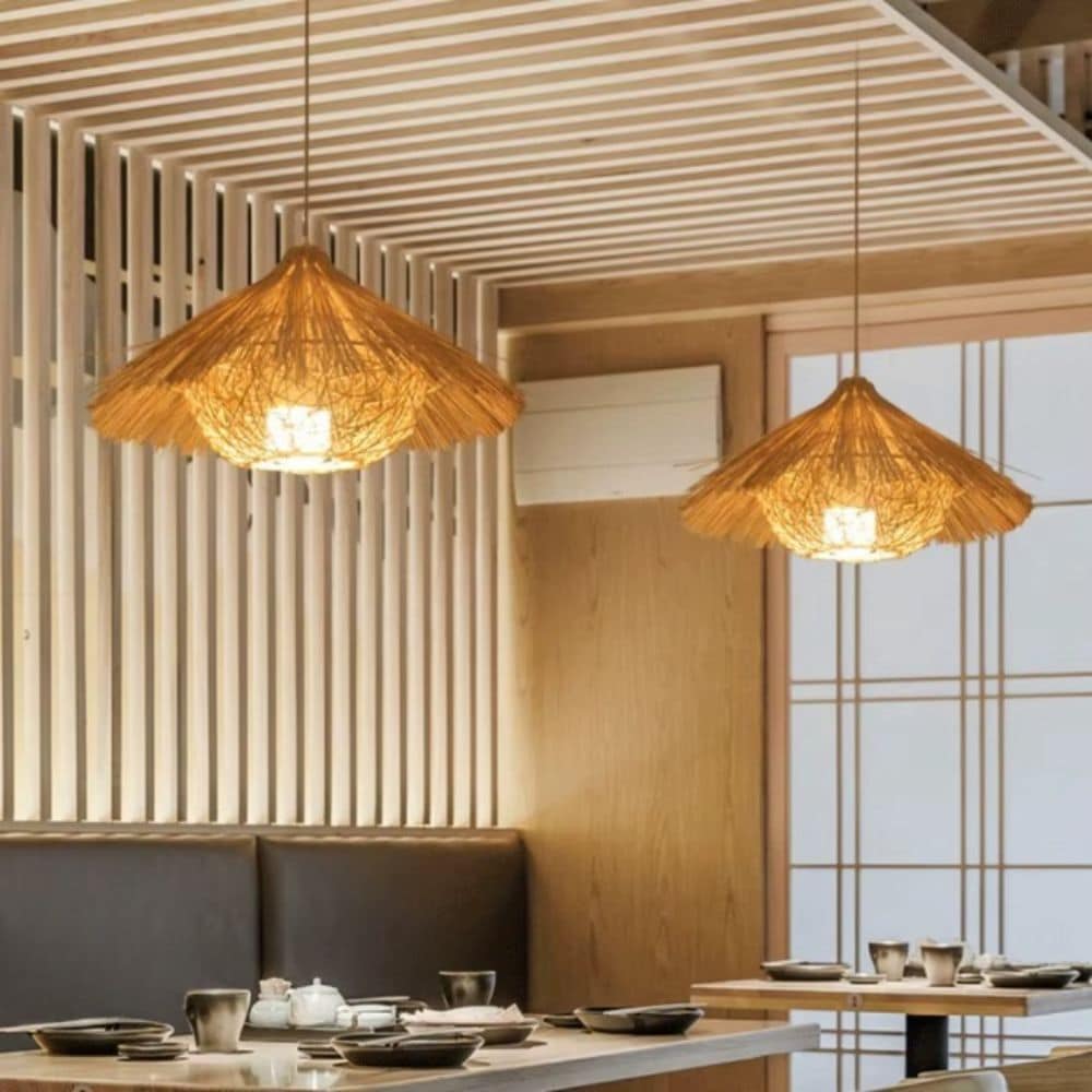 Rustic farmhouse rattan hat pendant light in natural beige – shown in a room setting