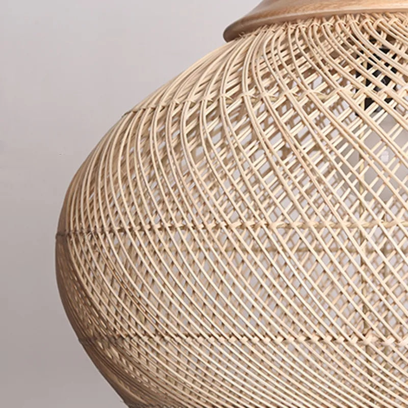Retro Chinese-style flared bell rattan pendant light in a honey tone – close-up detail