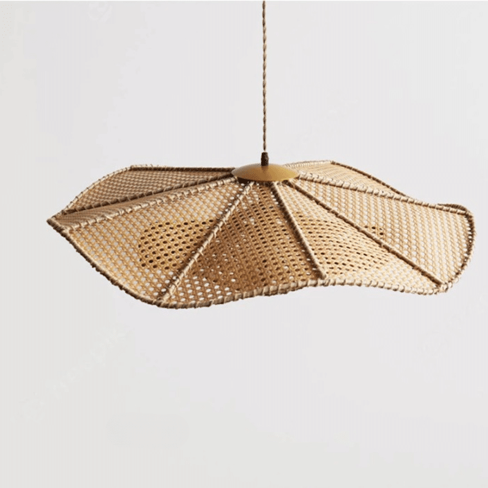 Vintage handmade round rattan pendant light with concentric circles – another view
