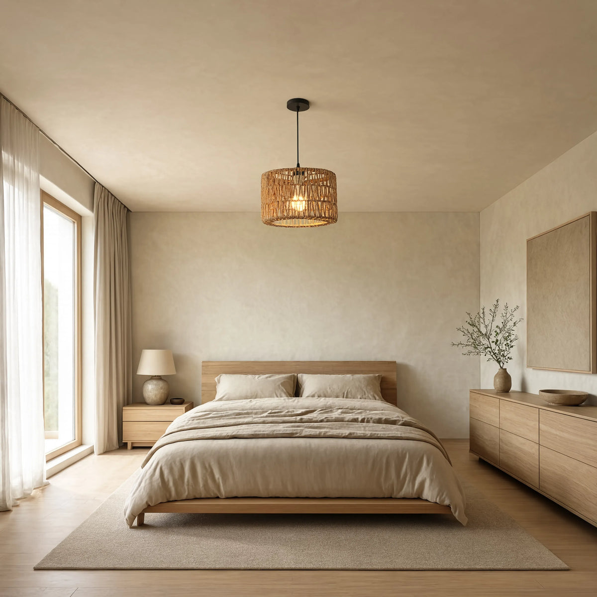 Syros woven jute rope drum pendant light – shown in a bedroom (3)