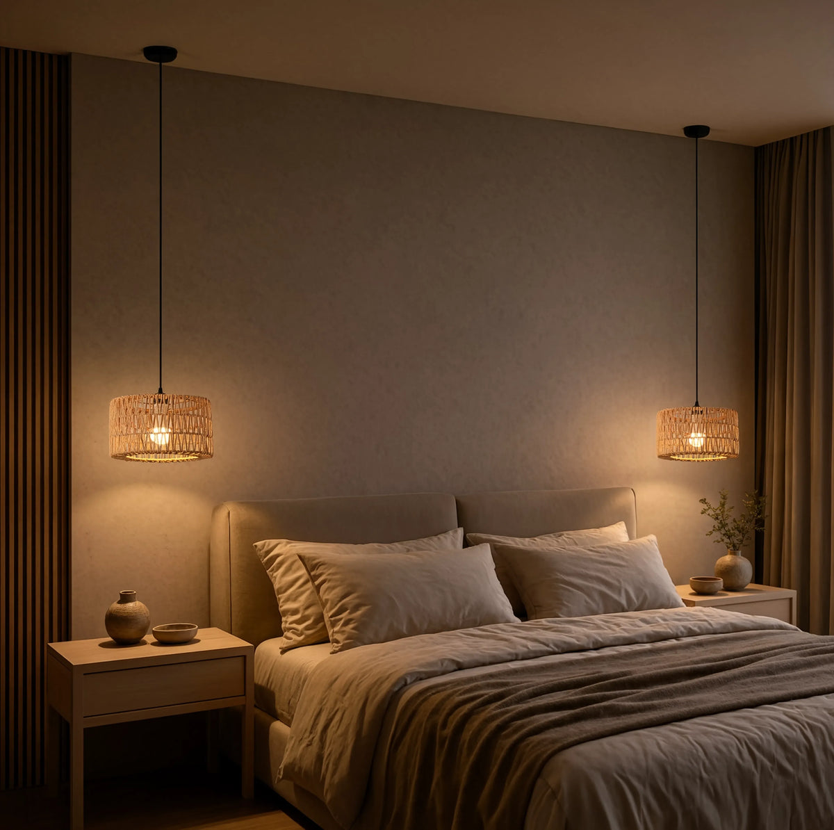 Syros woven jute rope drum pendant light – shown in a bedroom (2)