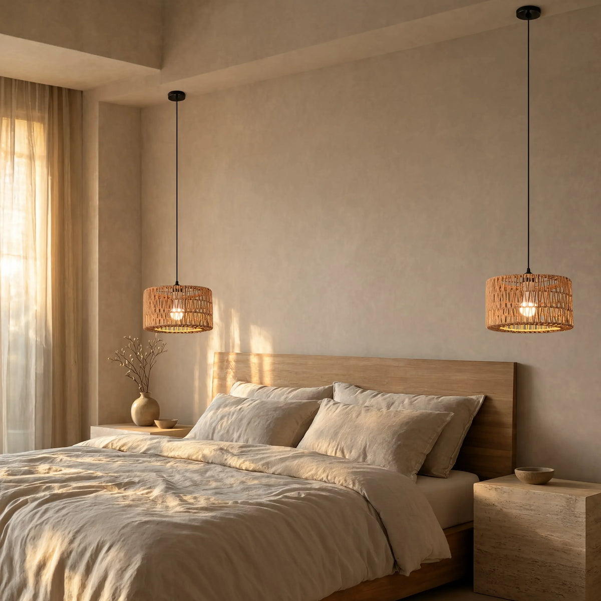 Syros woven jute rope drum pendant light – shown in a bedroom