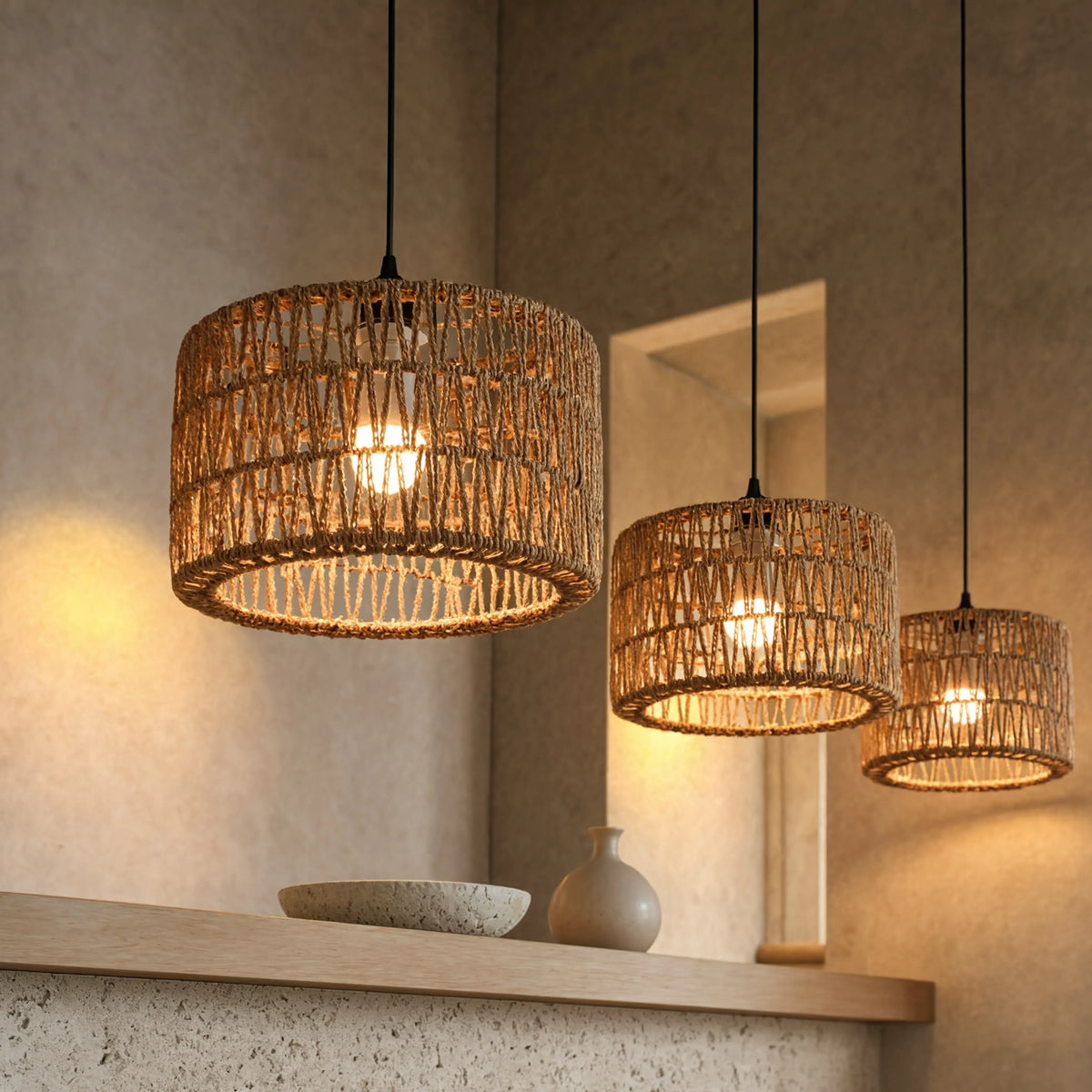 Syros woven jute rope drum pendant light – shown in a room setting (4)