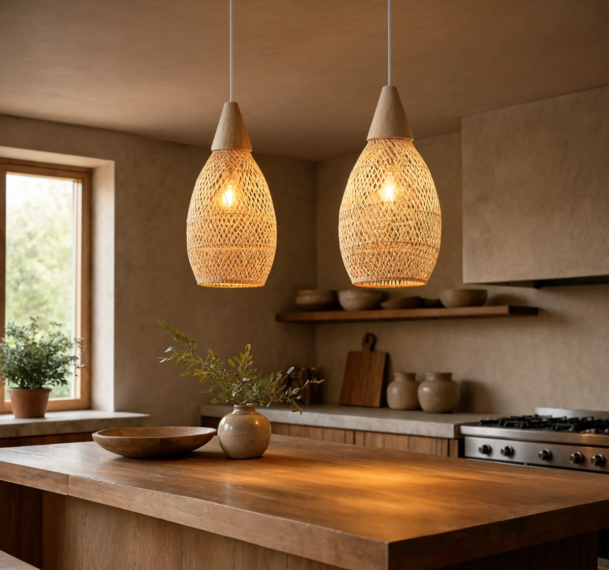 Kalymnos tall woven rattan cocoon pendant light – shown in a kitchen