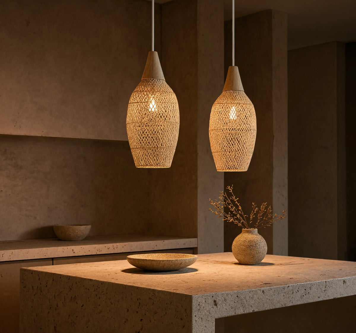 Kalymnos tall woven rattan cocoon pendant light – shown in a kitchen (2)
