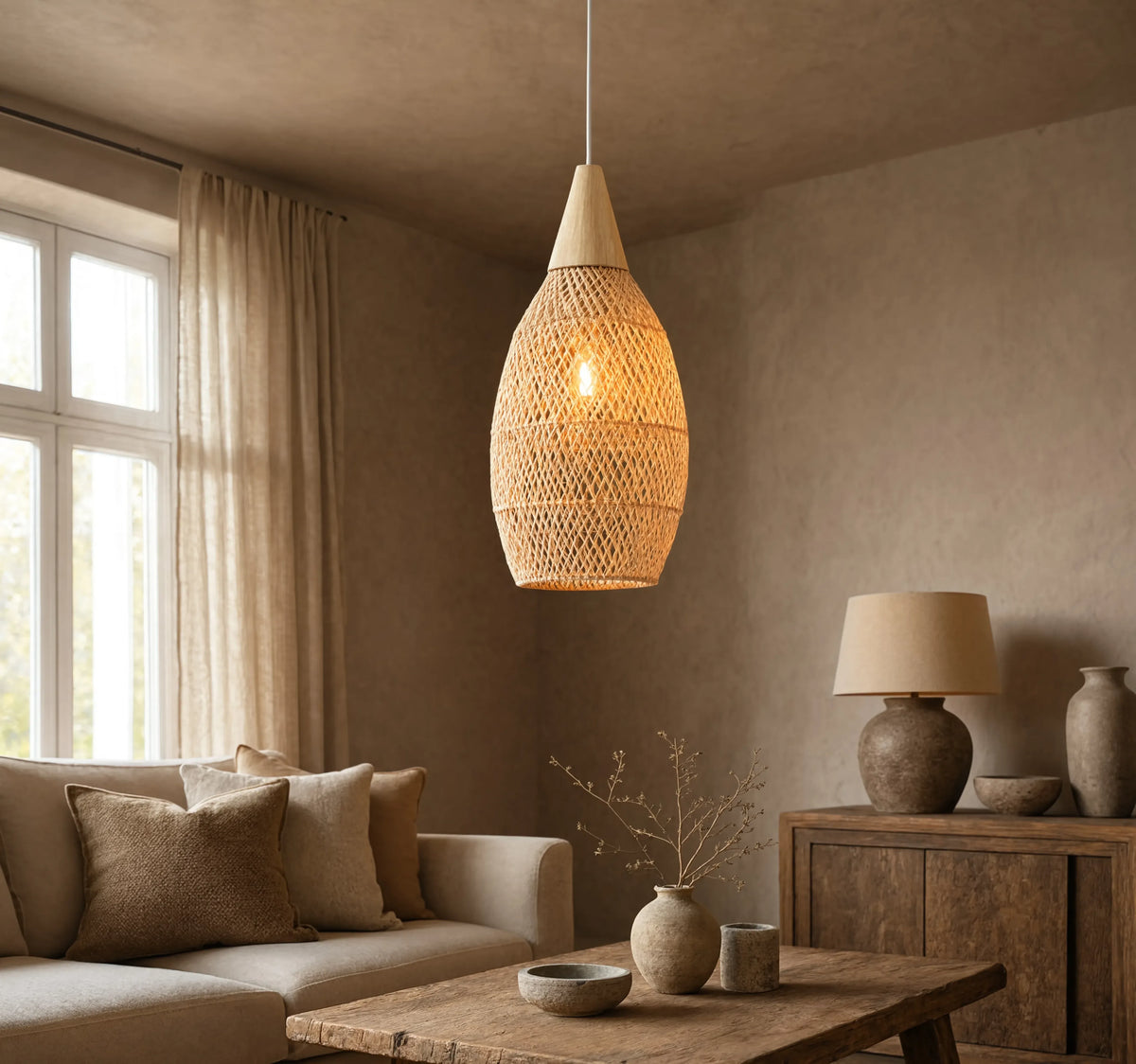 Kalymnos tall woven rattan cocoon pendant light – shown in a living room