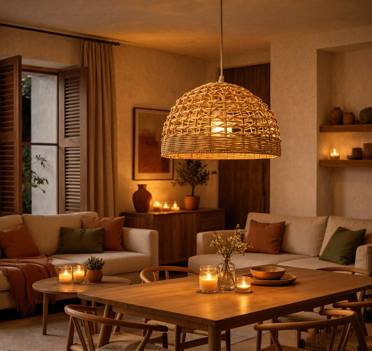 Amorgos open-weave rattan dome pendant light – shown in a living room (2)