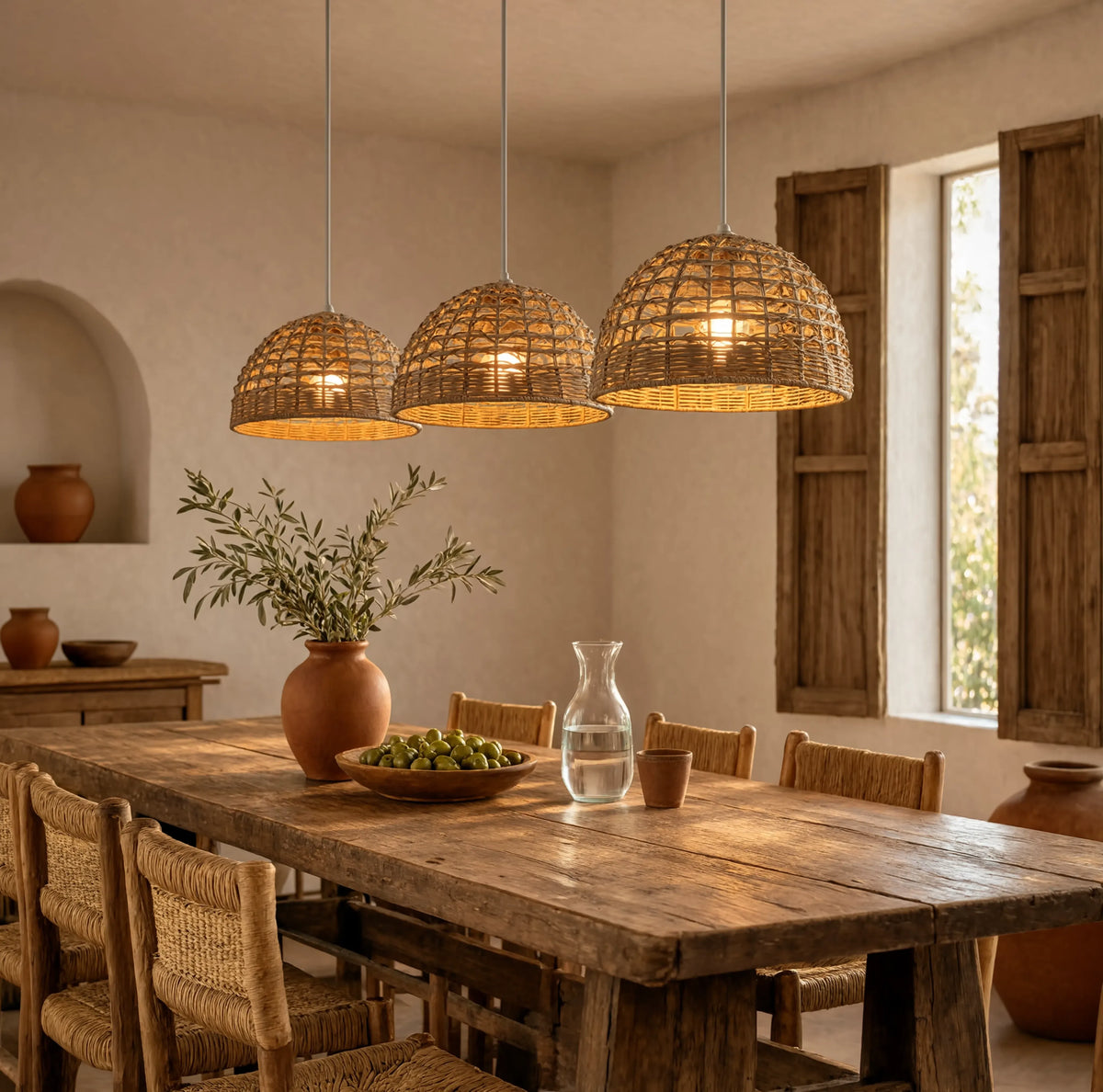 Amorgos open-weave rattan dome pendant light – shown in a dining room