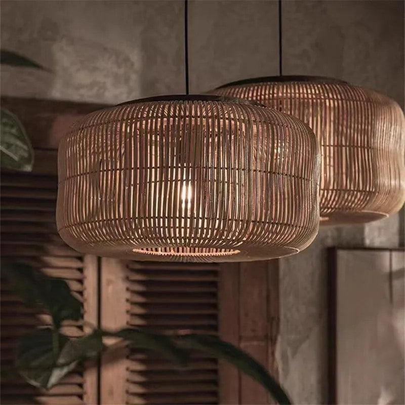 Flared handwoven rattan slat dome pendant light – shown in a room setting