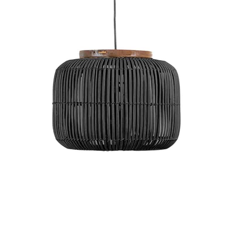 Flared handwoven rattan slat dome pendant light – black version, another view