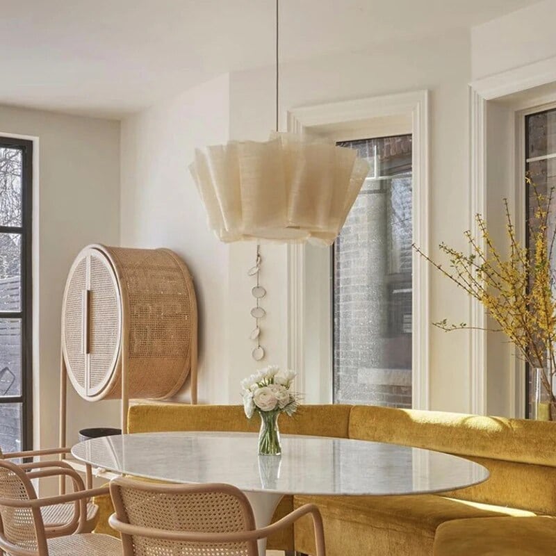 Japanese-style wabi-sabi fabric pendant light – shown in a room setting (2)