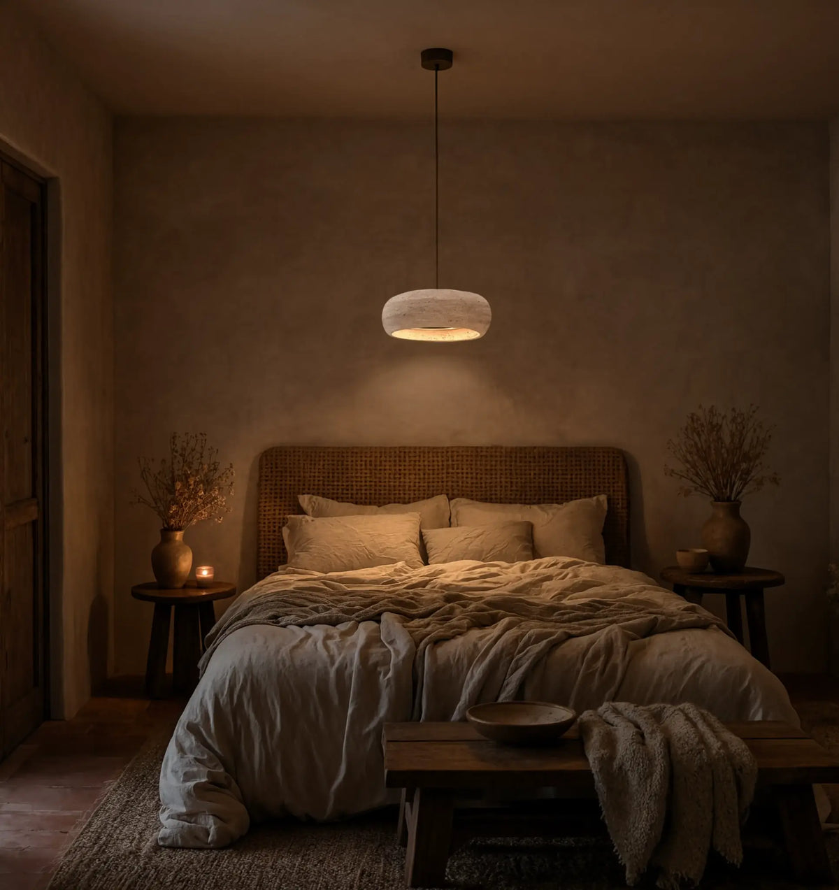 Claros travertine ring pendant light – shown in a bedroom (2)