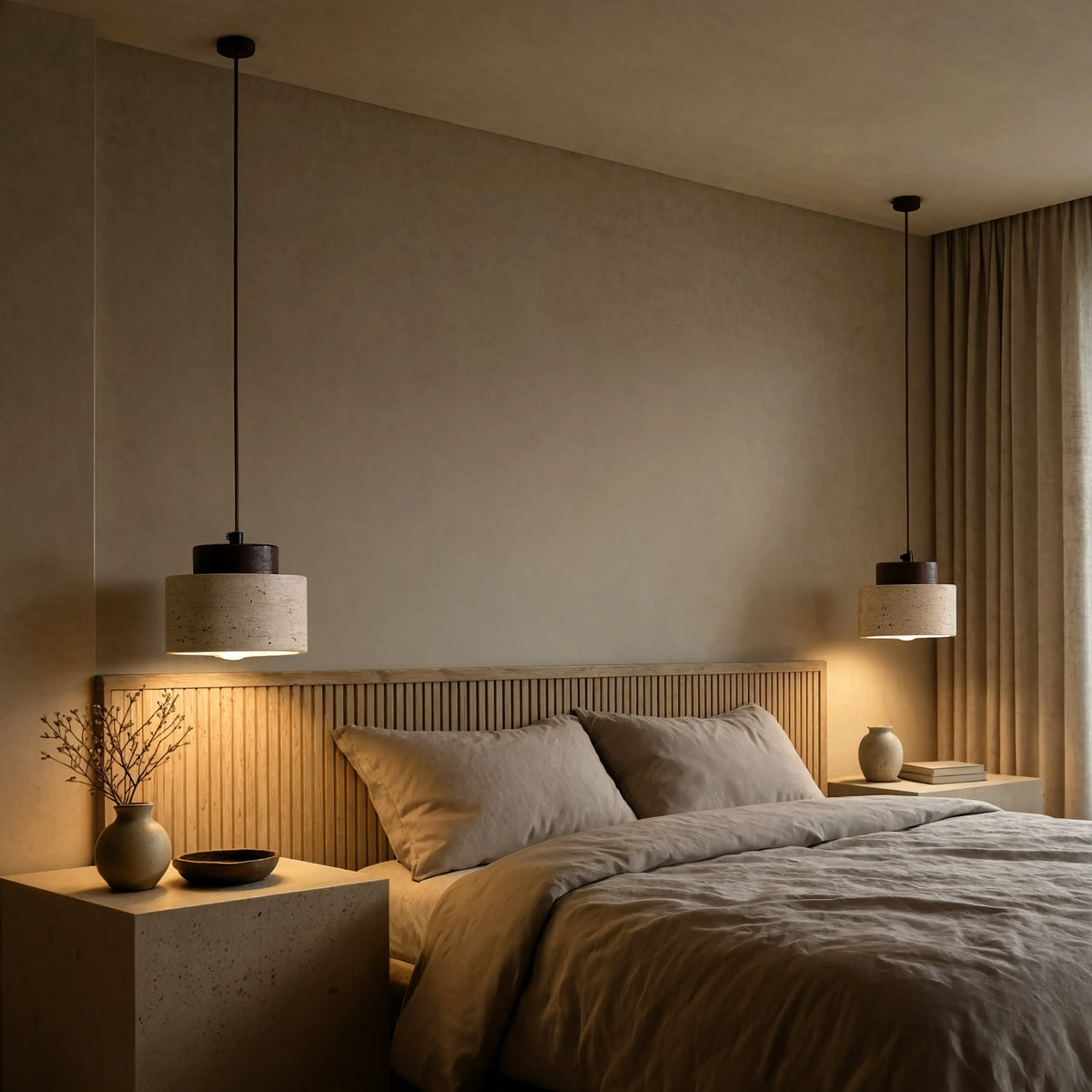 Velia travertine drum pendant light with dark wood cap – shown in a bedroom