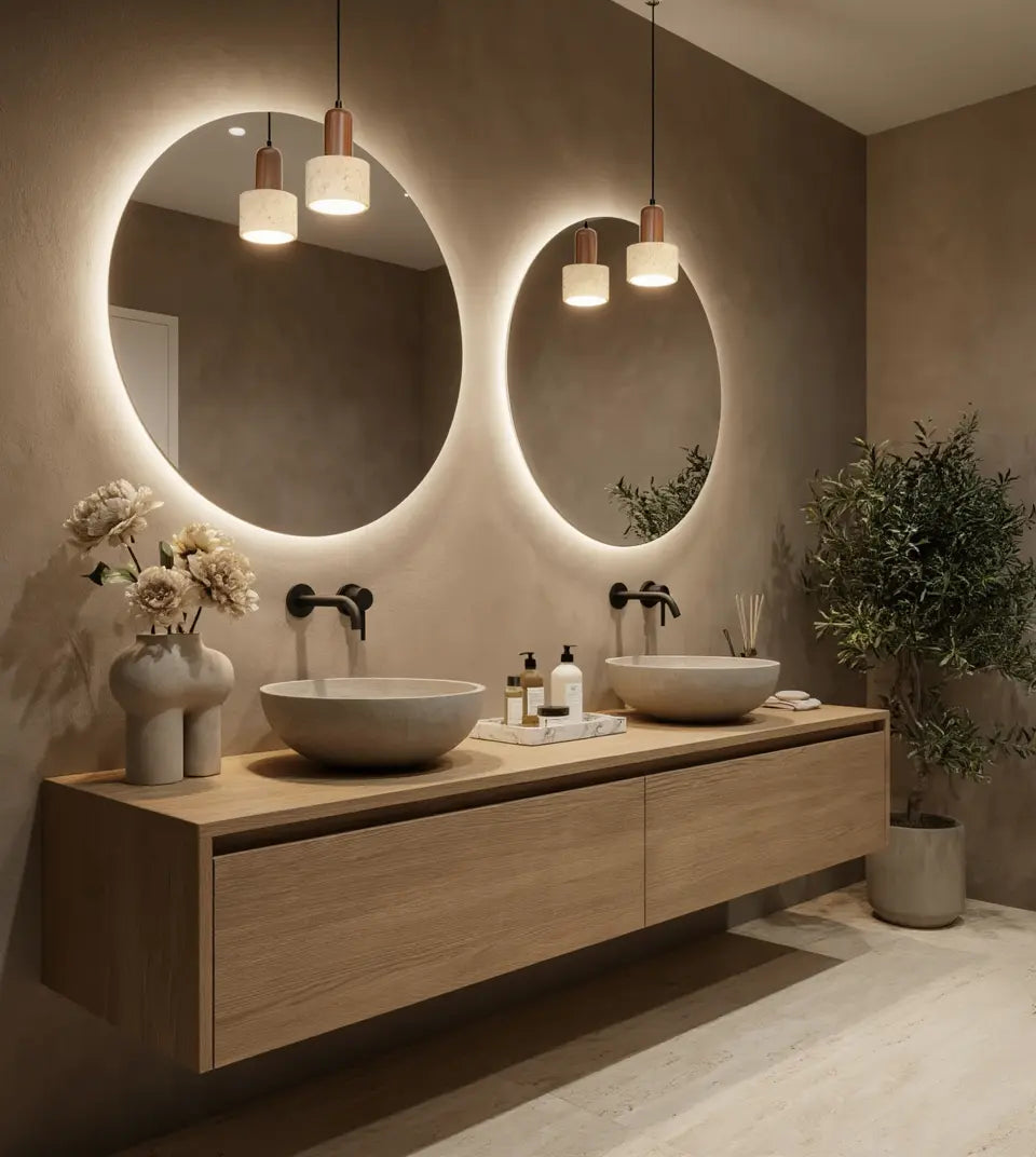 Capitello travertine and solid walnut pendant light – shown in a bathroom